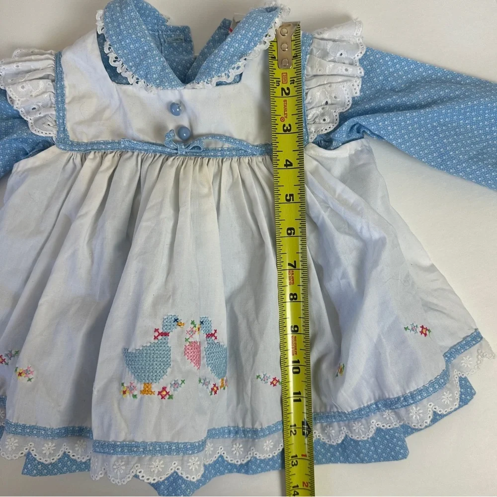 VTG Baby Pinafore Apron Dress with Embroidered Geese Lace Hearts Goose Peter Pan
